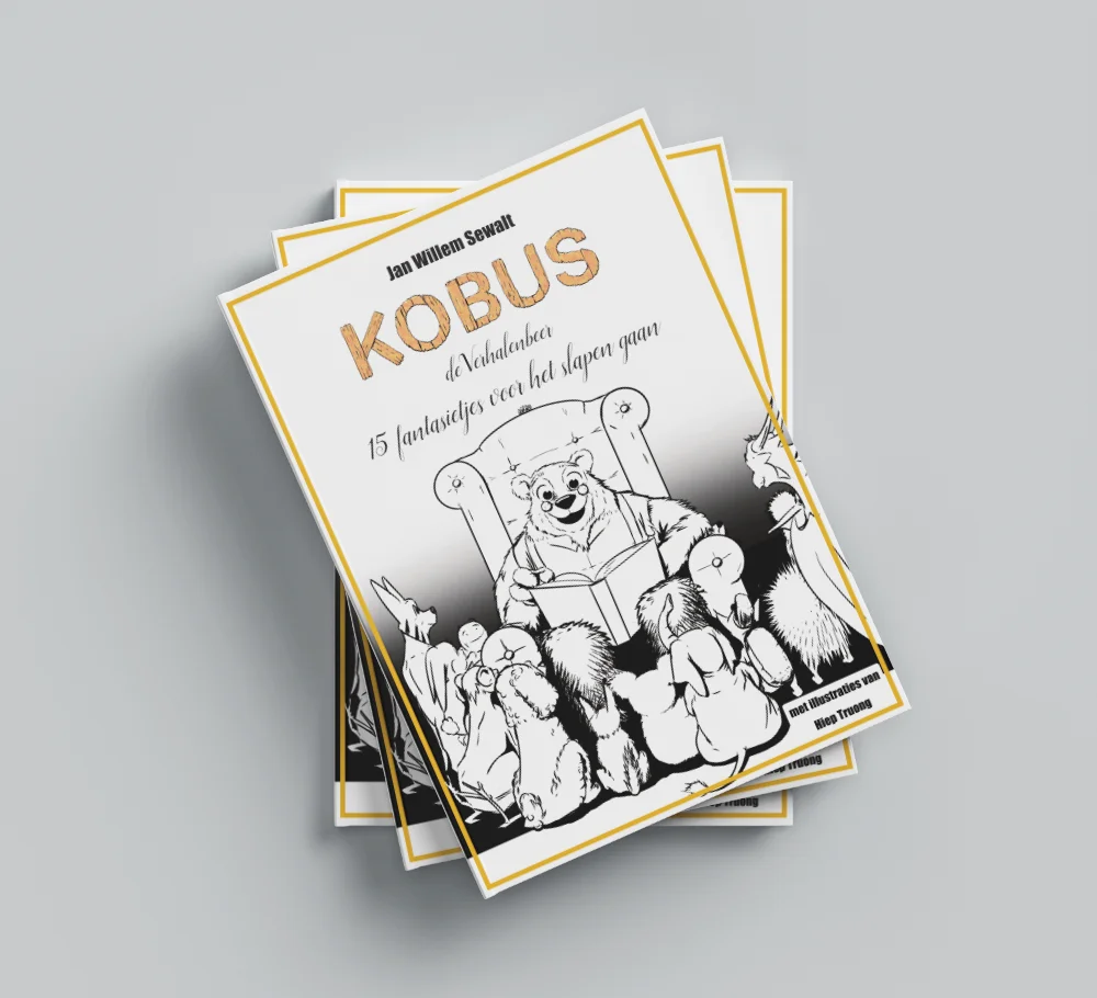 Mockup afbeelding van een stapel boeken van het boek Kobus de Verhalenbeer.