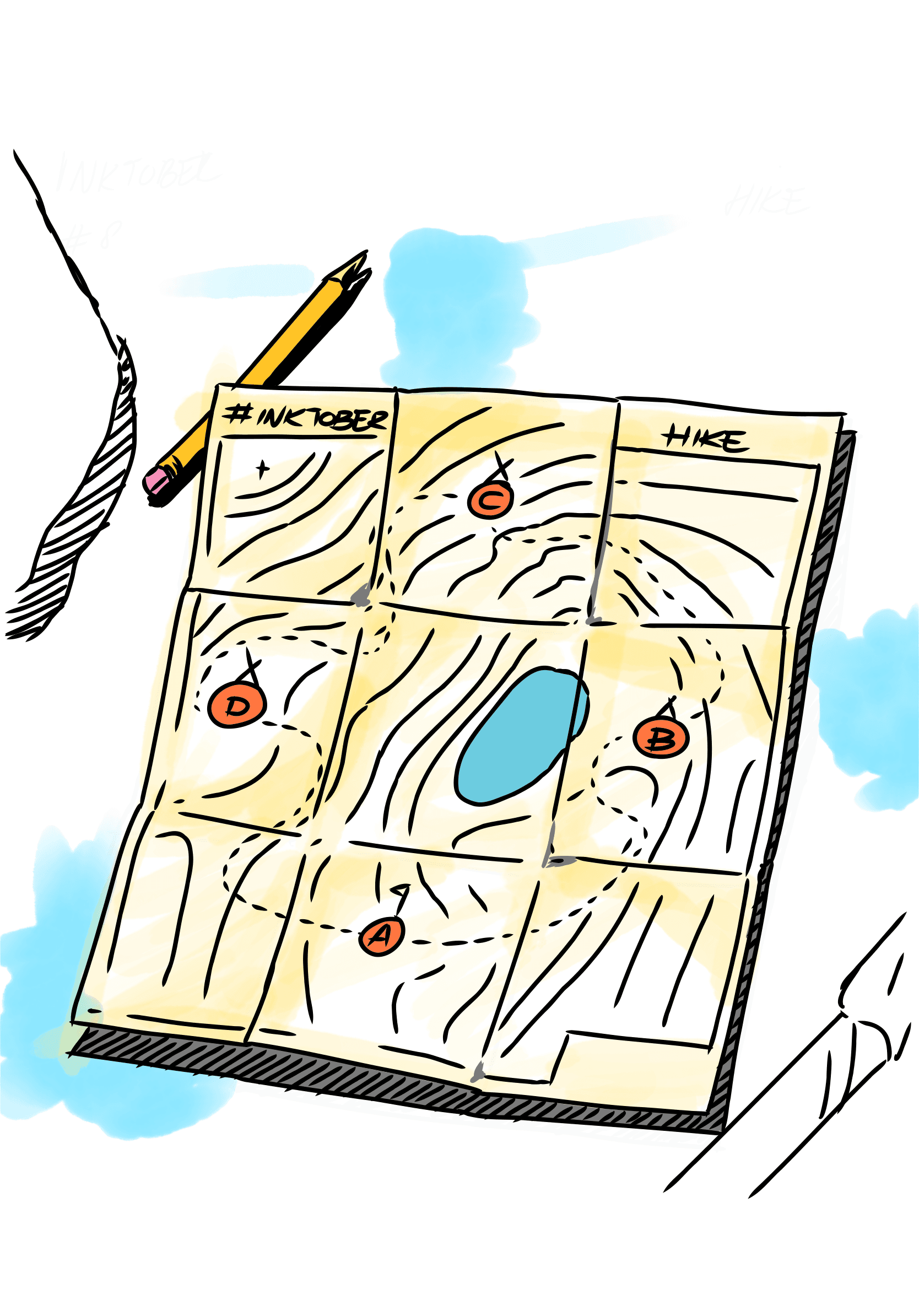 Een alternatieve, uitgebreide weergave voor hiken, verrijkt met storytelling met een getekende kaart van een (fictief) wandelgebied.