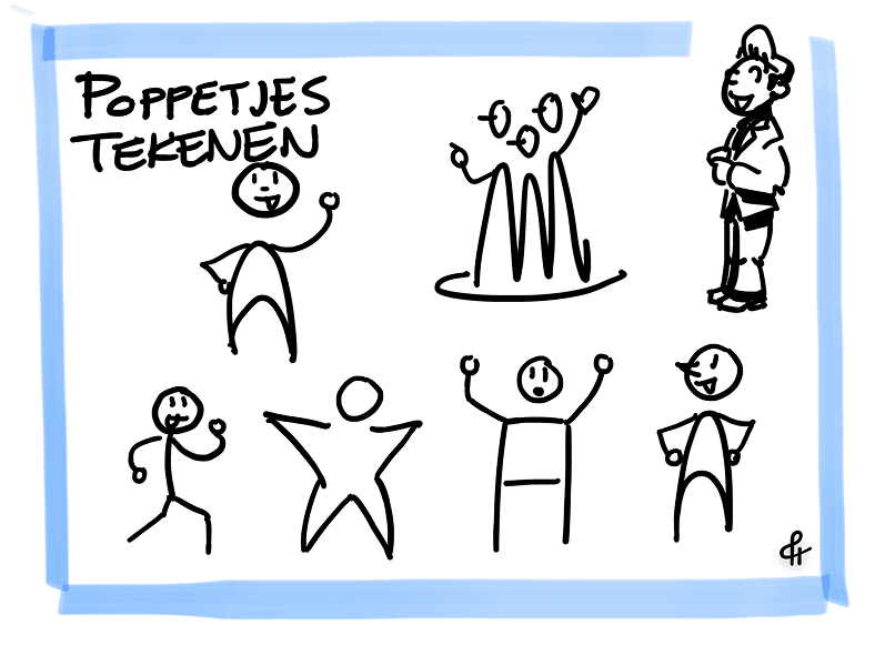 Poppetje Tekenen binnen 5 minuten 2 Afbeelding met de titel poppetjes tekenen, je ziet poppetjes op verschillende manieren getekend.